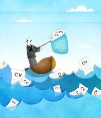 Illustration of man catching CVs with a net in a lake