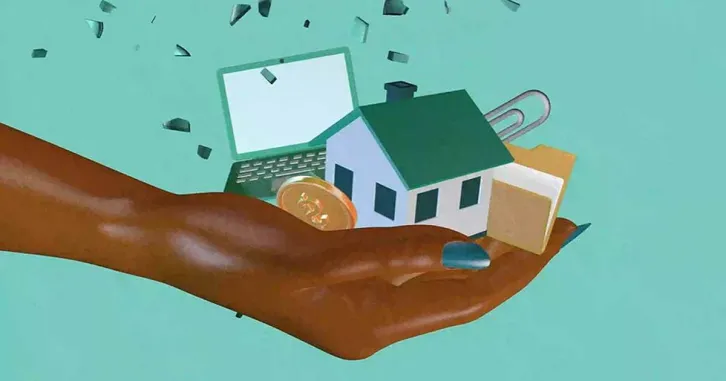 Illustration of a hand with blue finger nails holding a small house, paperclip, and folder