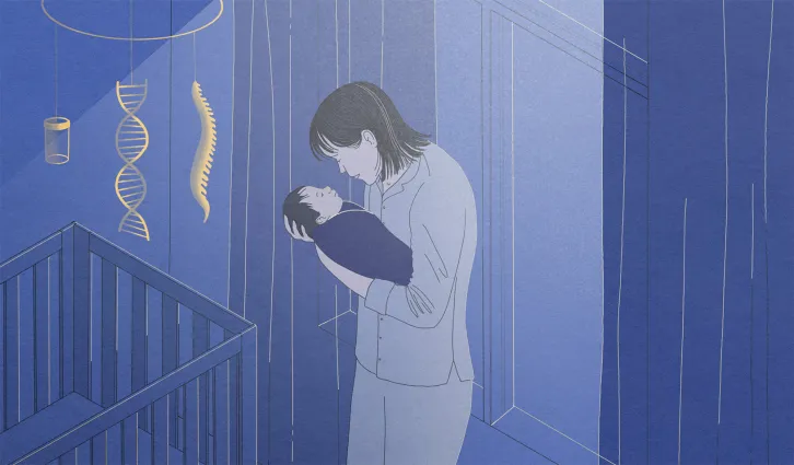 Illustration of a mother holding her child next to a crib in a darkened nursery, illuminated by a light from above. Harriet Lee-Merrion