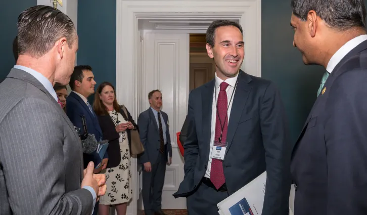 Photographed left to right: Todd Young, Jonathan Levin, and Ro Khanna. Credit: By Courtesy