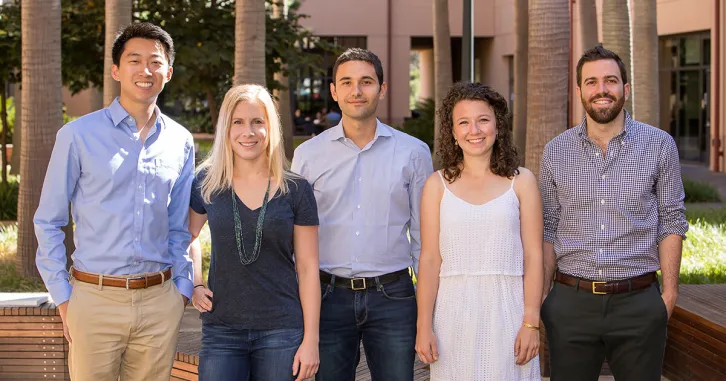 2017 Siebel Scholars, from left to right: David Zhang, Katherine Archibald, Federico Mossa, Carolyn Kooi, and Sebastian Serra Wright 