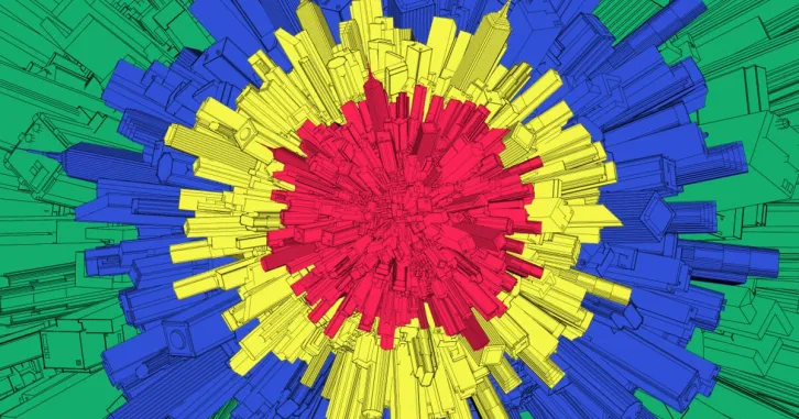 Illustration of city from above with different colored buildings radiating out from the center. Credit: eestingnef/iStock