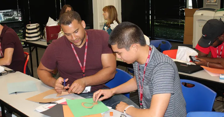 College students Gregory Knox (left) and David Giongco got a taste for design-thinking at the inaugural Stanford Future Leaders Program in August 2016. | Stanford MBA Admissions