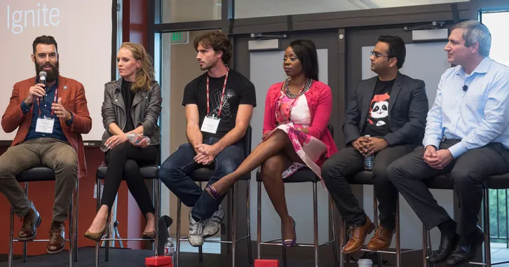 “Igniters” Nicholas Karnaze, Ksenia Starikova, Christoph Kohstall, Gbemisola Ogunyomi, Stanford Ignite faculty director Yossi Feinberg, and Bruce Taylor