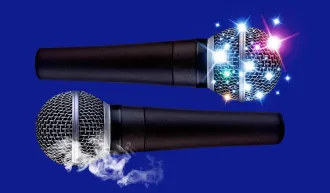 Two microphones facing opposite directions with sparkles and smoke. Illustration by Alvaro Dominguez. 