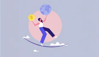 Illustration of young woman balancing on a tightrope with a coin in one hand and a globe in the other hand. | iStock/treety