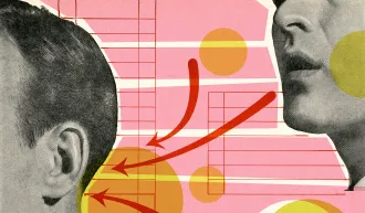 Man talking to back of another man's head with arrows pointing from man's mouth to man's ear. credit: iStock/CSA Images