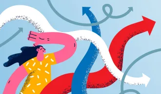  Illustration of an excited woman looking up into the sky, with multiple arrows pointing in different directions around her. iStock/Denis Novikov