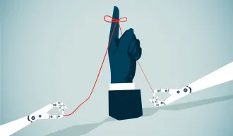 Robot hands tie a reminder ribbon around a finger. credit: iStock/guoya/erhui1979