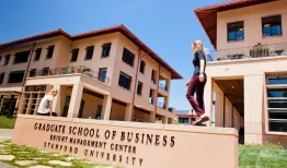 A view of the Knight Management Center from Jane Stanford Way. Credit: Elena Zhukova