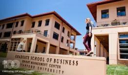 A view of the Knight Management Center from Jane Stanford Way. Credit: Elena Zhukova