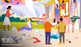 Colorful and textured illustration of people collaborating, building, and creating together. Credit: Yifan Wu