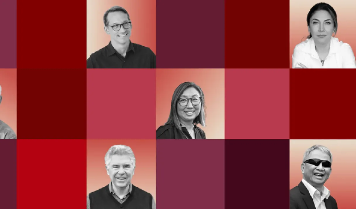 Colorful grid of red and purple with black and white photos of alumni
