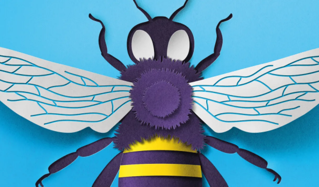 Cover illustration of a detailed, 3D paper cutout of a bee from the Summer 2018 issue of Stanford Business magazine.