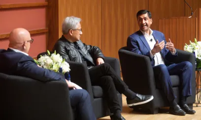 Photo of Congressman Ro Khanna speaking with Huang and McMasters