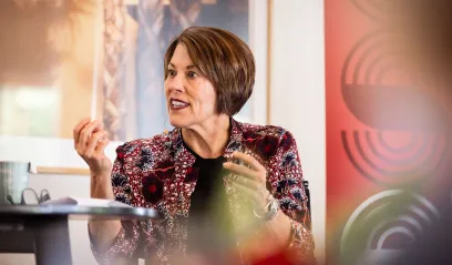 Stanford GSB Dean Sarah Soule at the Stanford Leadership Institute executive forum on AI and frontline workforce innovation