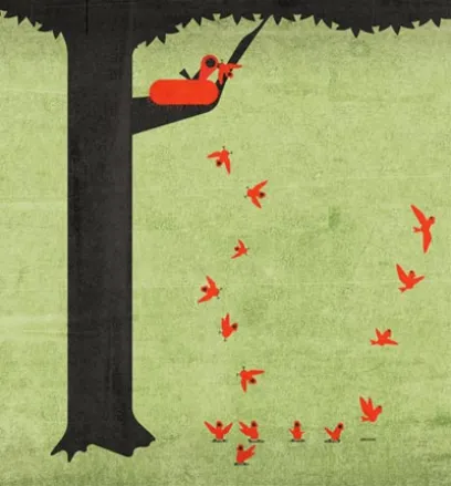 Illustration of a bird holding one baby bird while losing all other baby birds