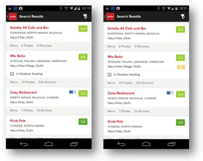 comparison of search results with and without native ads on a mobile device