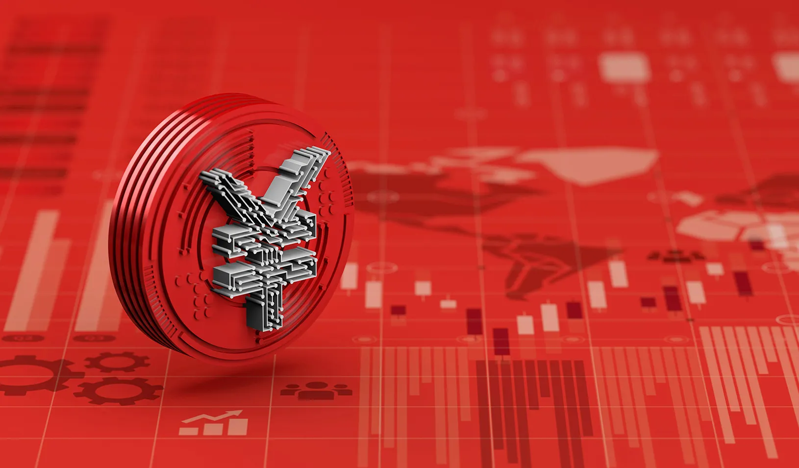 3D rendering of the new Yuan digital currency of china on red economy graph chart. Credit: iStock/nespix