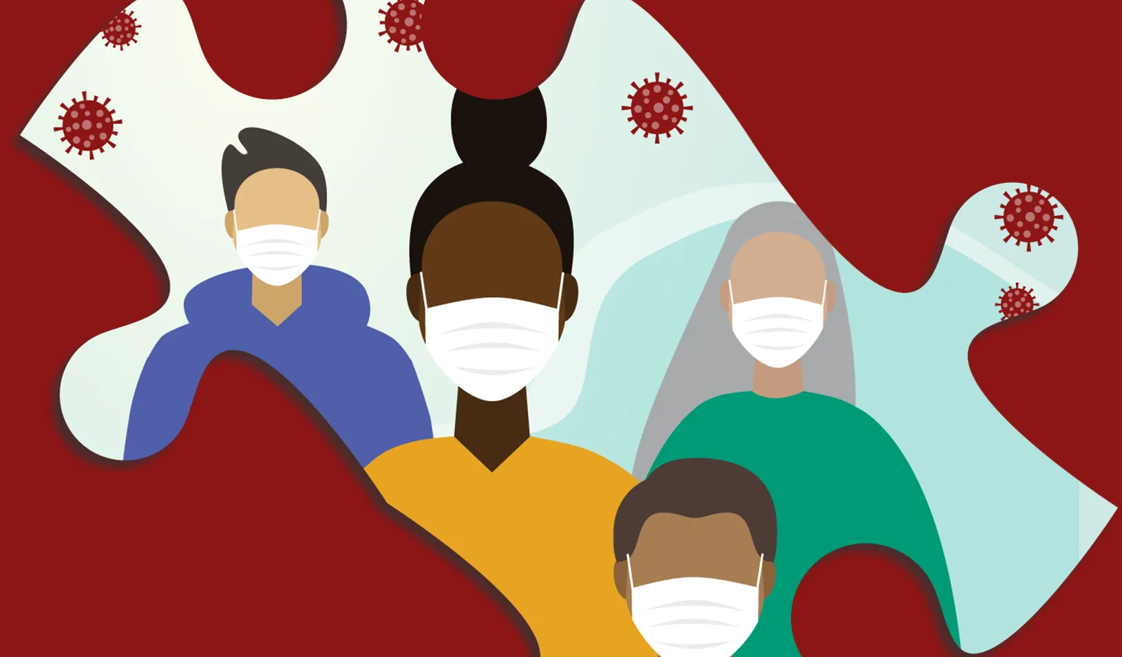 An illustrated group of masked figures shown within the shape of a puzzle piece. Credit: istock