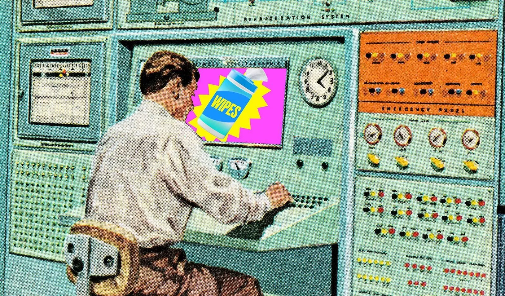 Man sitting on a chair in front of a large computer. | Illustration by Álvaro Domínguez