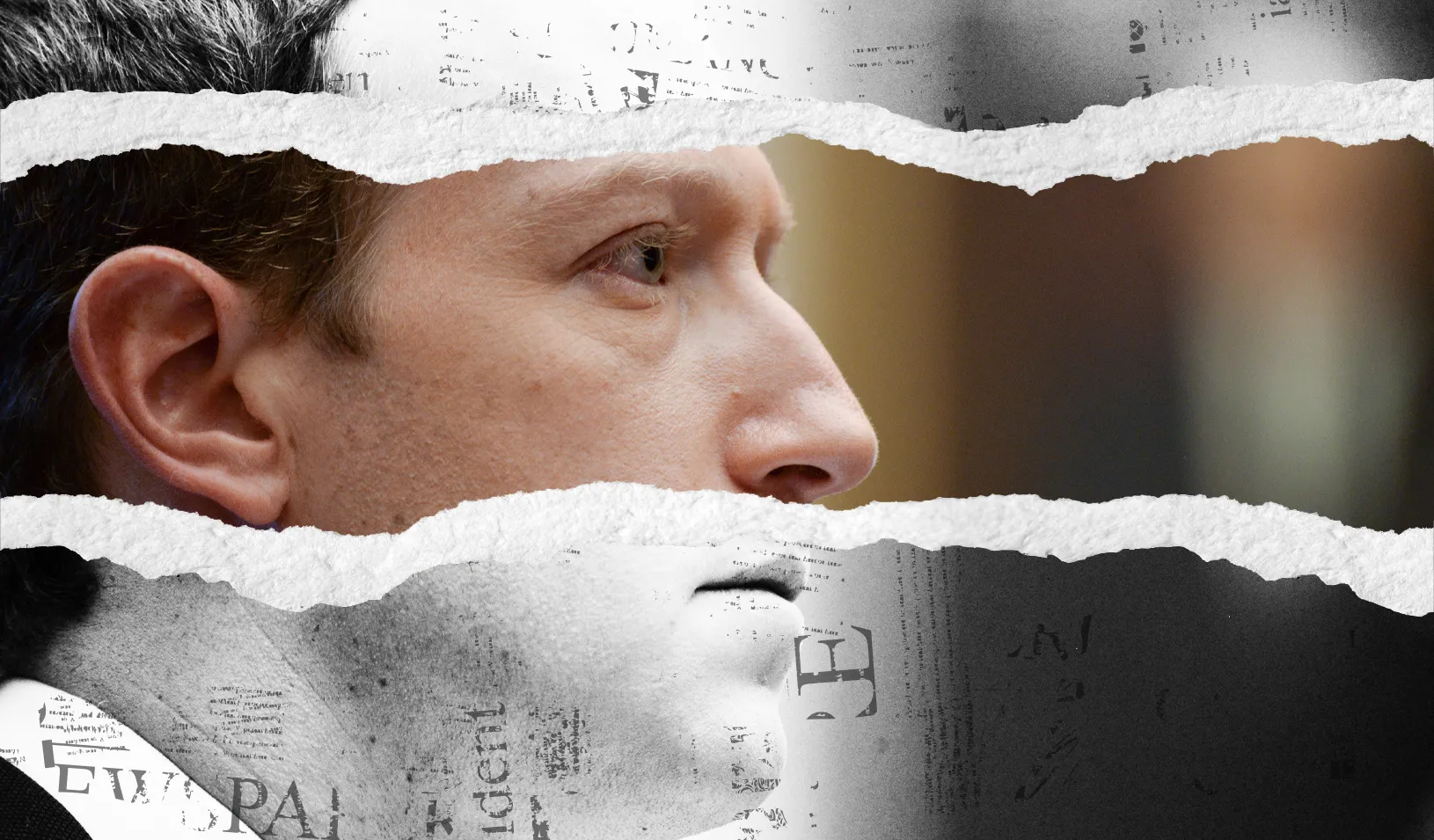 Photo illustration of Mark Zuckerberg overlaid with a torn newspaper motif.  | Credit: Tricia Seibold (Reuters/Erin Scott, iStock)