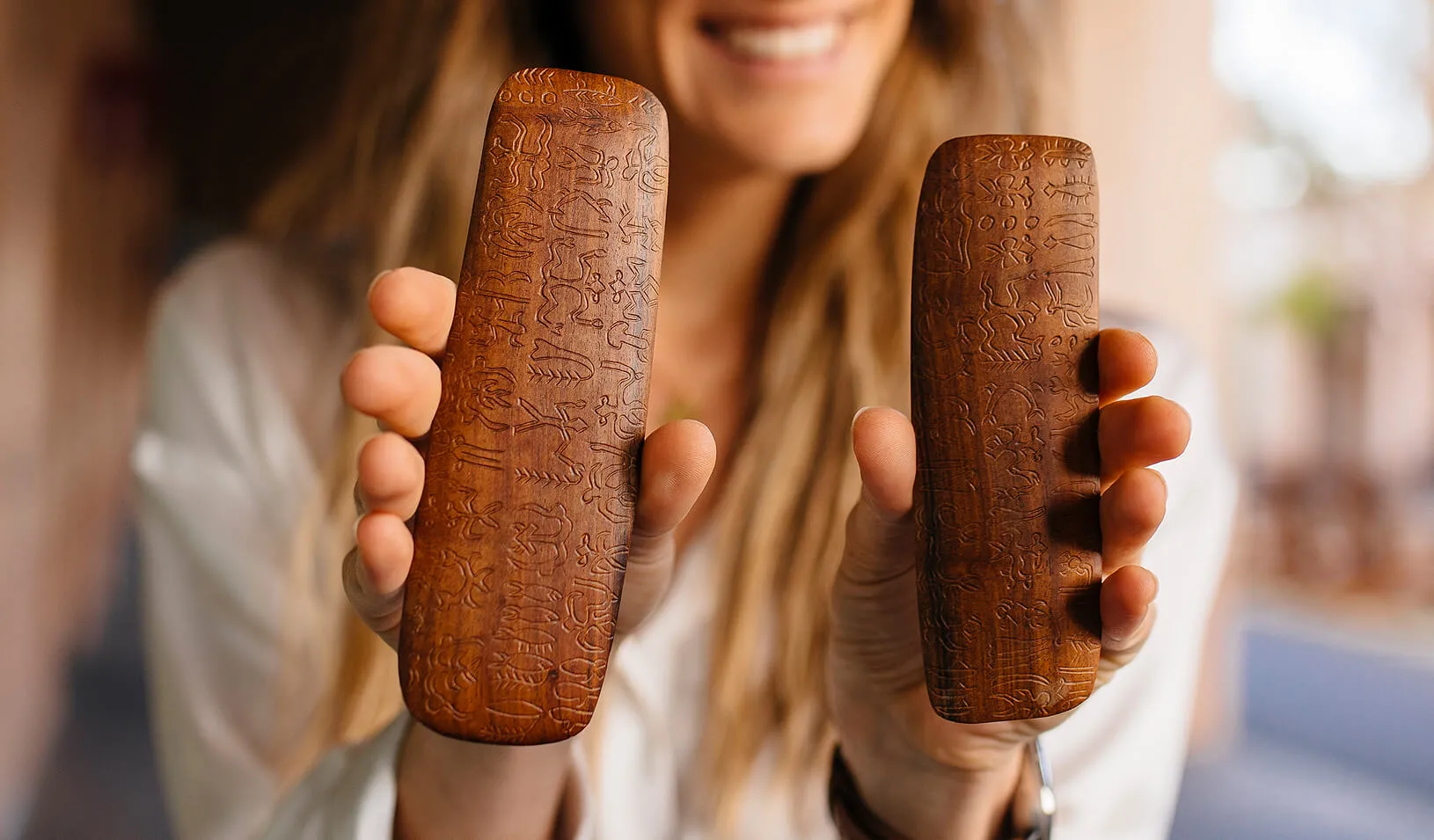Photo of Claudia Allende holding Rongorongo tablets. | Credit: Elena Zhukova.