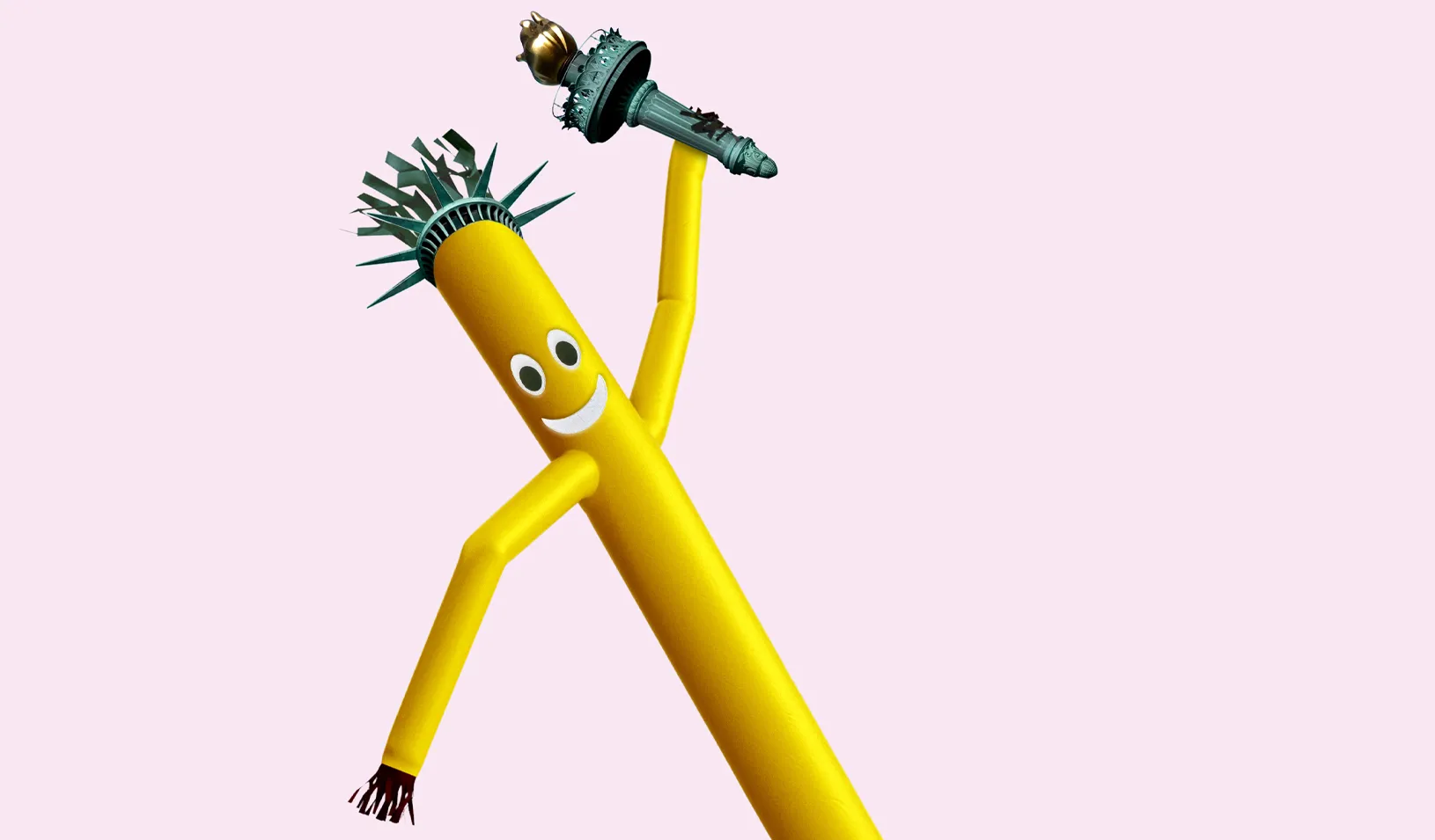 A photo illustration of an inflatable yellow “tube man” wearing the statue of liberty crown and holding her torch.