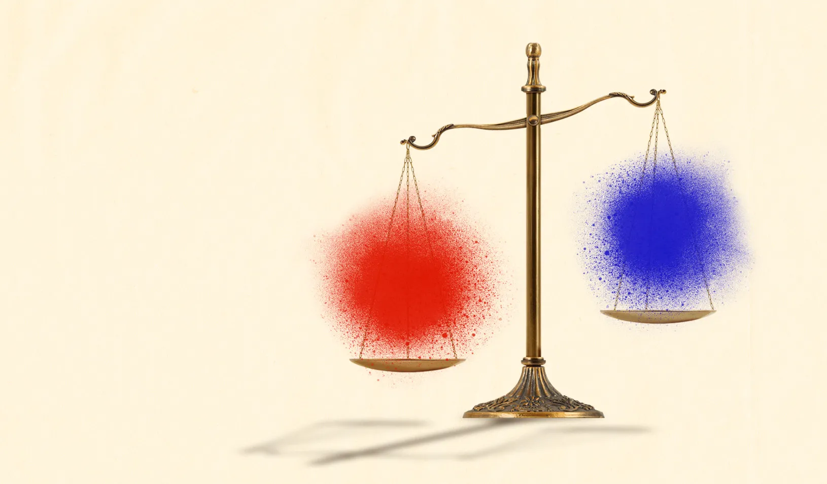 Illustration of the scales of justice; the lighter side is a blue spray painted mark, and it's being lifted up by the heavier red spray painted mark. Illustration by Cory Hall