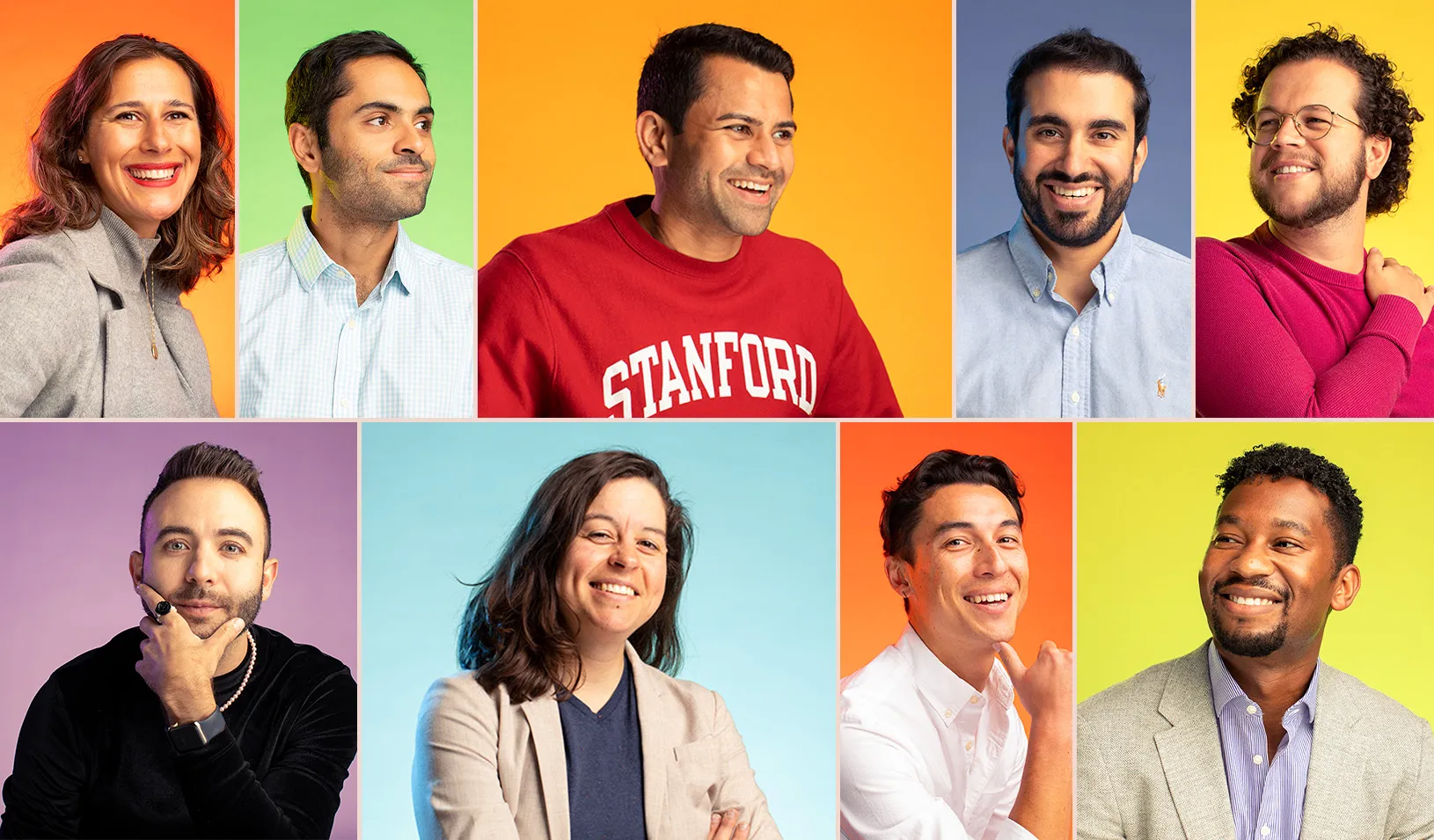 Collage of colorful portraits of students of the GSB pride club, smiling, laughing, and looking serious. Photos by Elena Zhukova