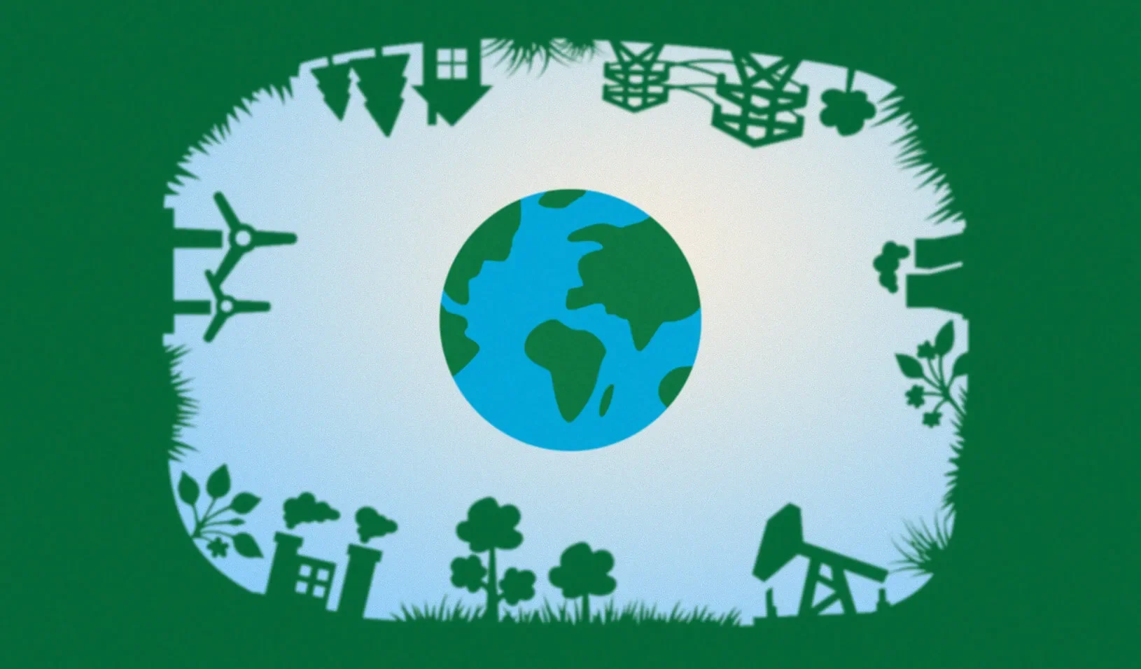 Illustration of the world, as viewed from a green lens that is surrounded by symbols of industry; oil rigs, factories, power lines, and trees and leaves. Illustration by Cory Hall