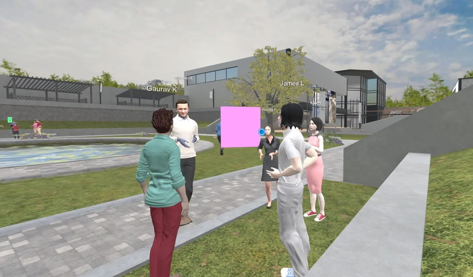 Screenshot of a virtual reality class taking place on a virtual campus.