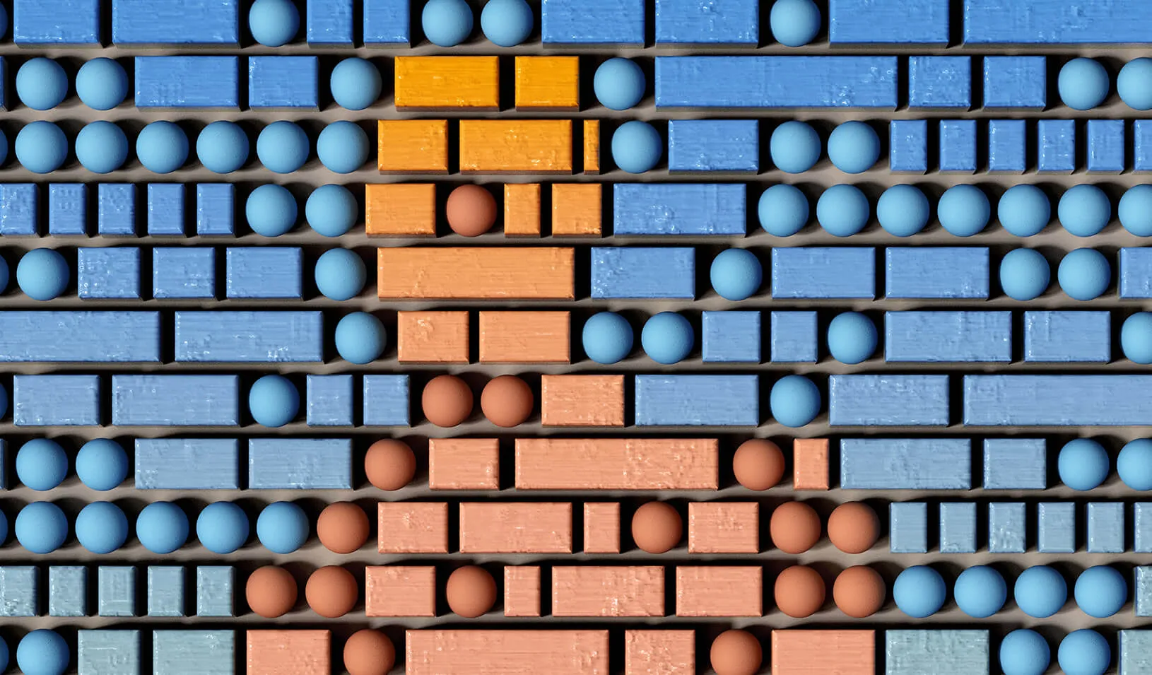 llustration of a human-esque silhouette made up of three dimensional bars and spheres of different colors. Illustration by Khyati Trehan