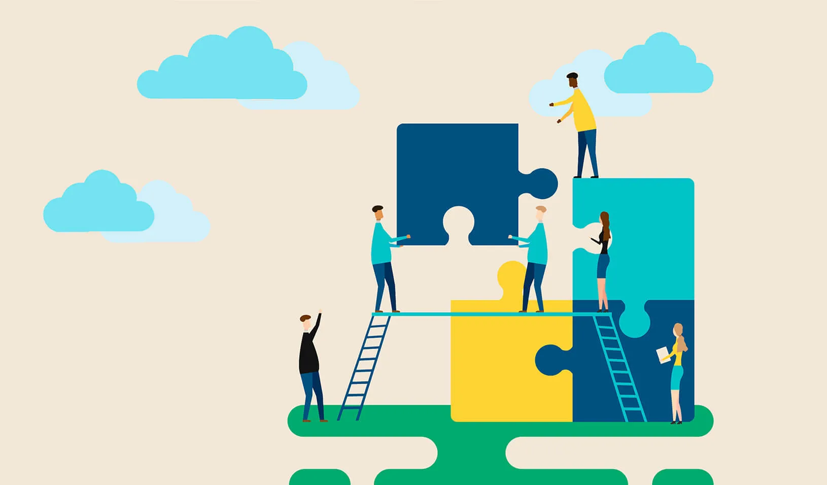Illustration of business people interacting with puzzle pieces, creating something new. iStock/Serhii Brovko