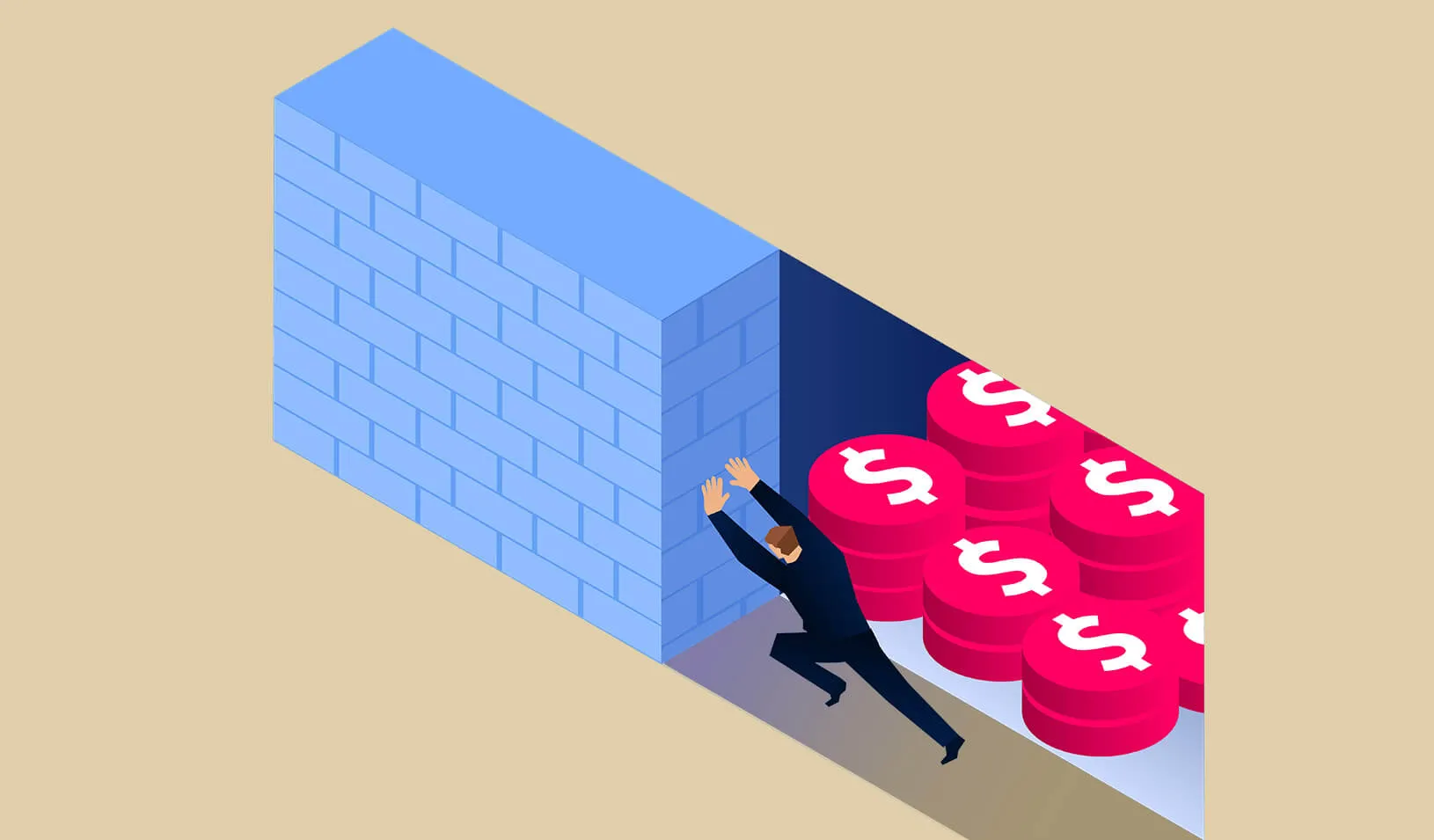 Illustration of businessman pushing brick wall to reveal money behind