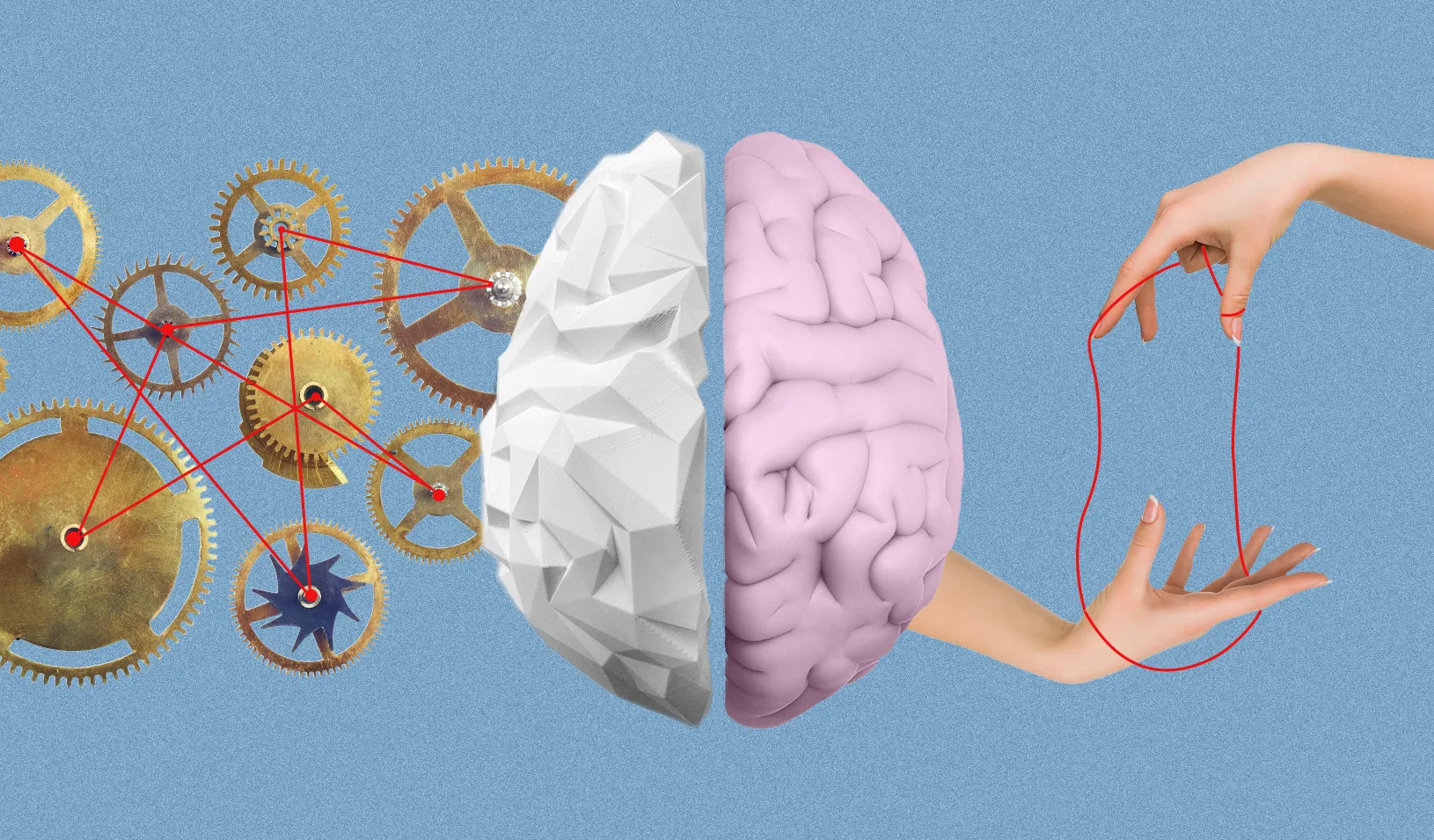 Illustration of a brain that is half artificial, half human, with interconnected gears coming out of the left artificial side, and hands with intertwined string coming out of the right human side. 