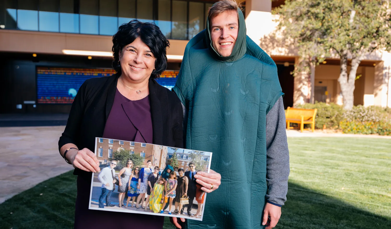 Portrait of Michele Gelfand and a student dressed in her pickle costume. Credit: Elena Zhukova