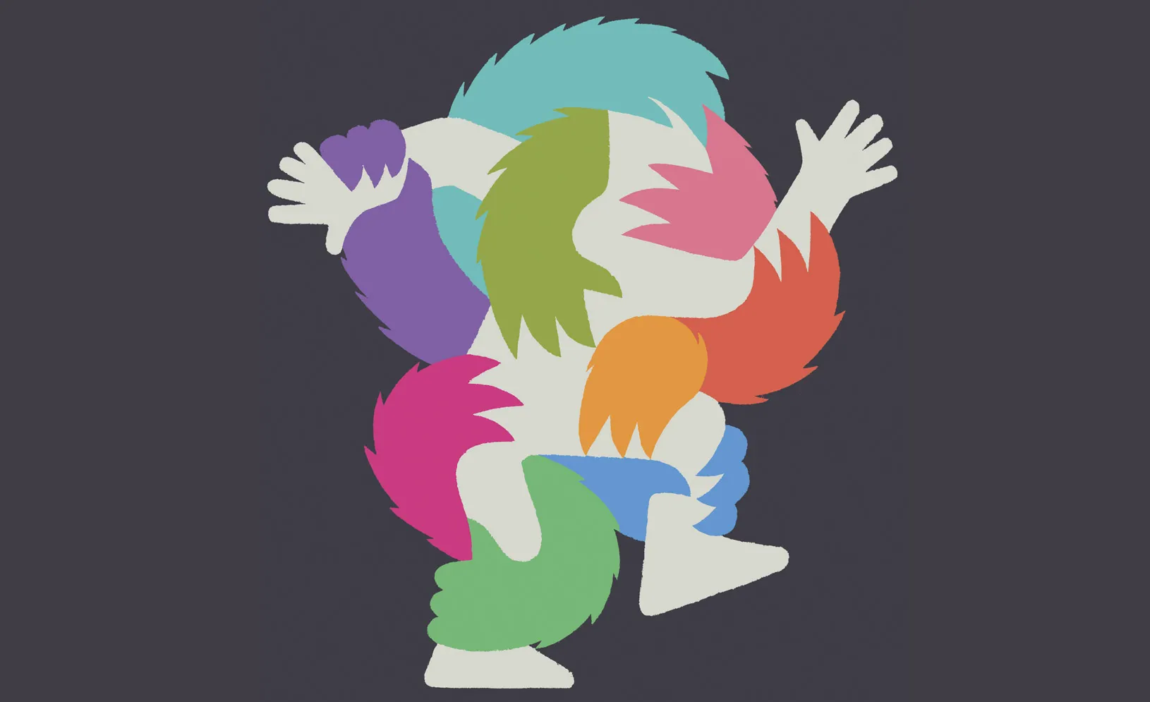 Illustration of a person made up of many colored hands with claws