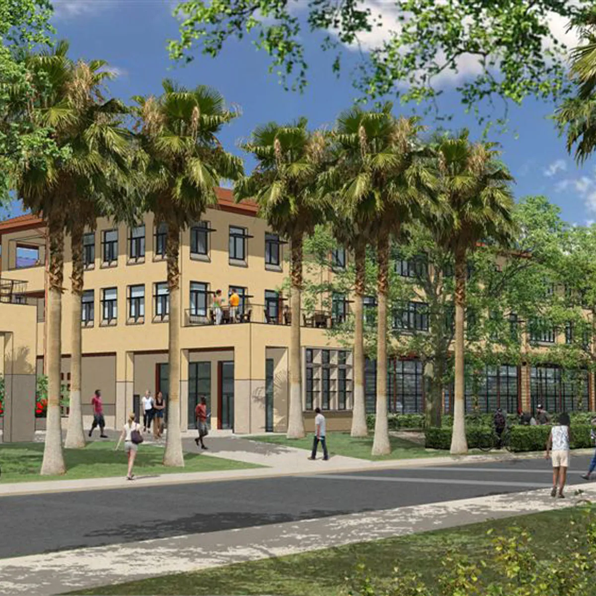 Artist's rendering of the Knight Management Center's main entrance along Serra Street.