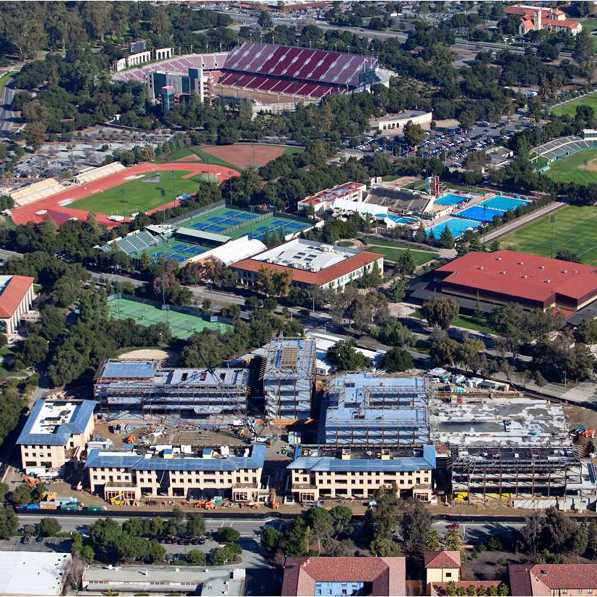 An aerial view of the Knight Management Center. With its eight buildings and open spaces, the 12.5 acre site opened during the 2010-2011 academic year.