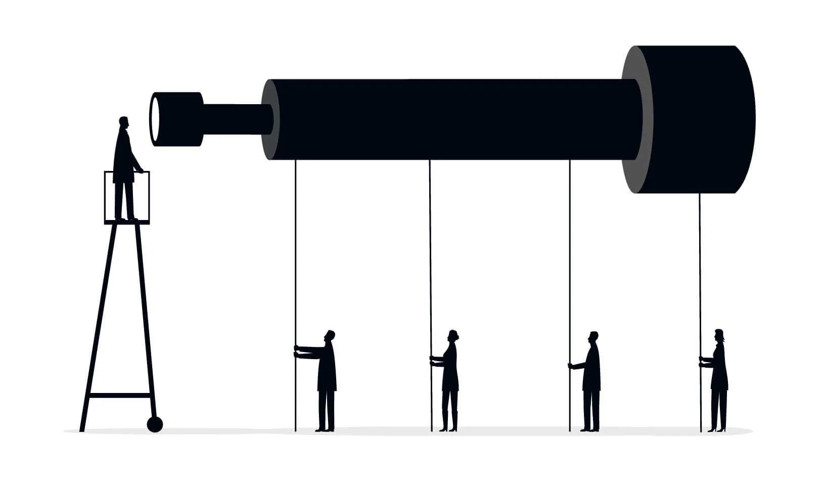 a figure looks through a telescope supported by his team | iStock/Dane_Mark