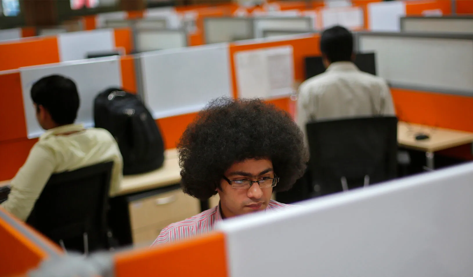 People intently working in cubicles
