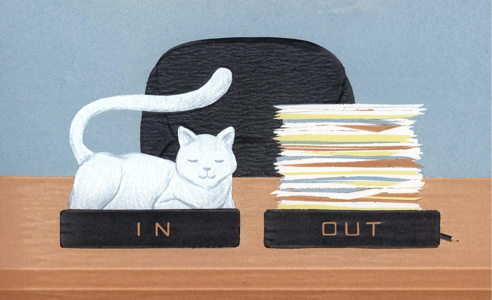 An "In" and "Out" box on a desk; a cat sleeps in the "In" box and the "Out" box is full of paperwork, Illustration by Alex Nabaum