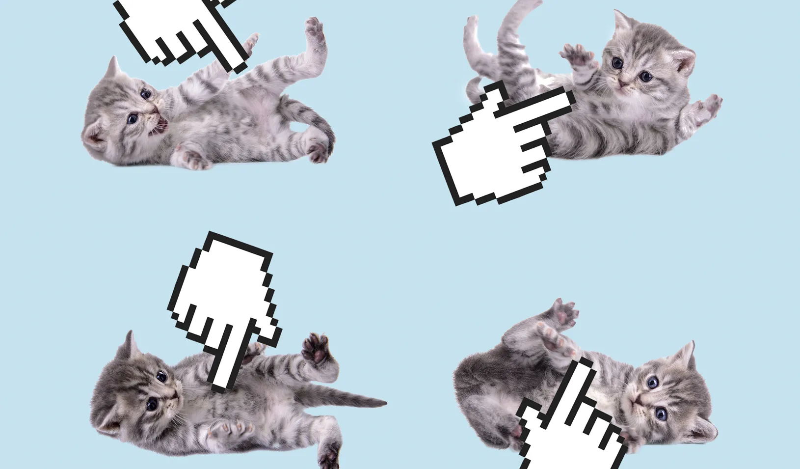 Illustration of four kittens playing on their backs with computer cursors about to click their bellies. Credit: Alvaro Dominguez