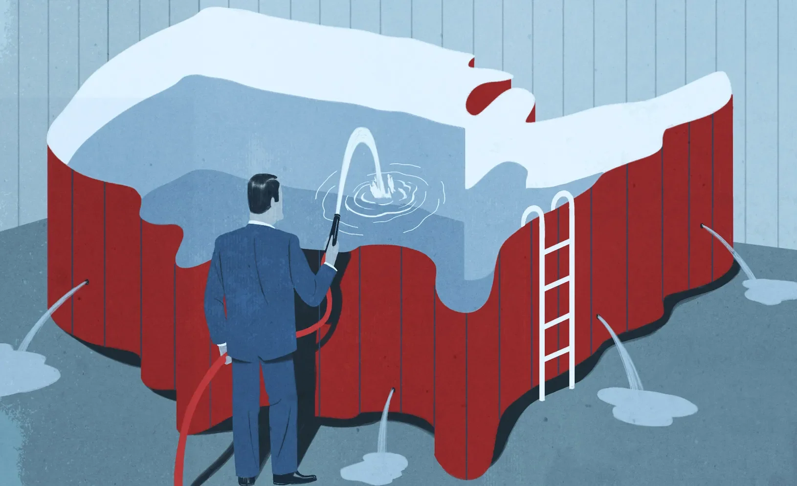 A man filling a pool shaped like the United States with water, with the water leaking out holes in the pool, Illustration by Emiliano Ponzi