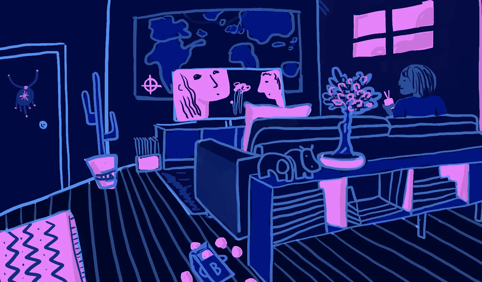 An illustration of trendy people watching a screen, eating exotic food.