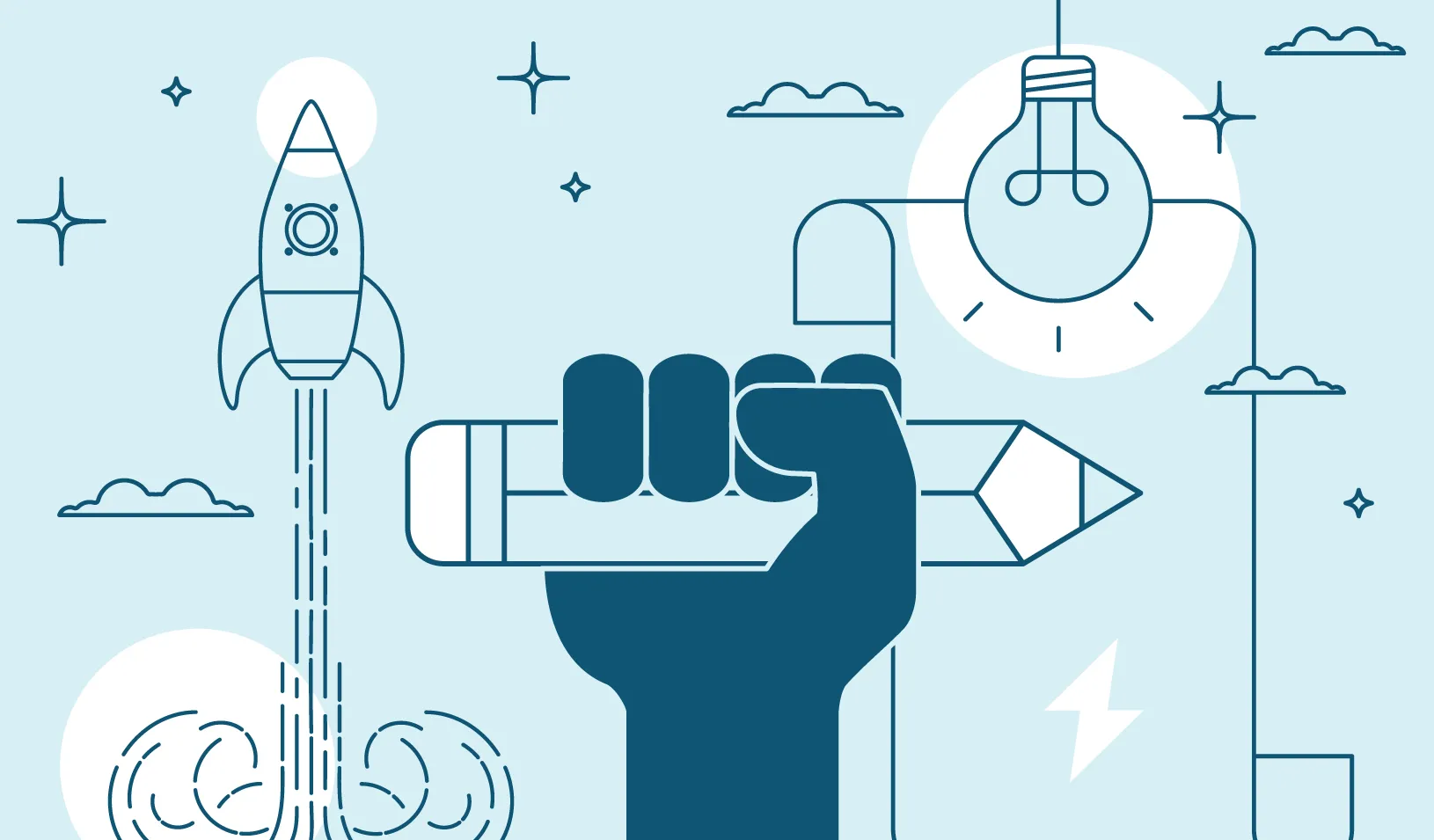 A hand holding a pencil - with "ideas" showing behind it.