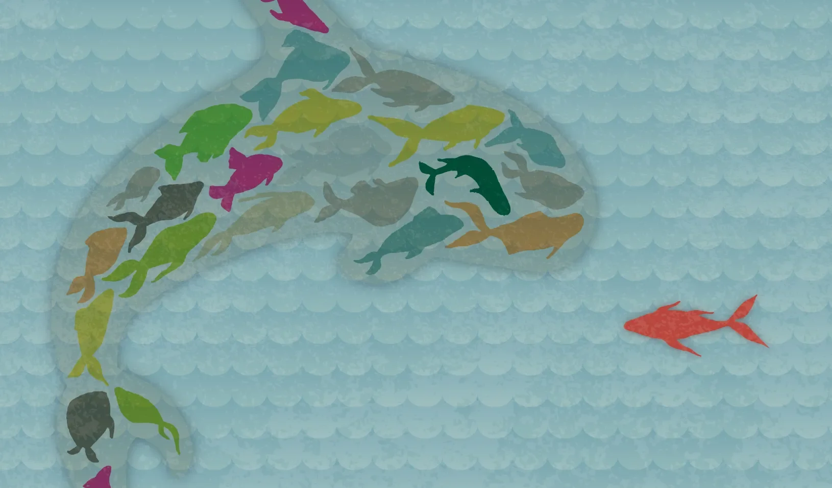 An illustration of a large fish (with many small fish in it) swimming near a small fish