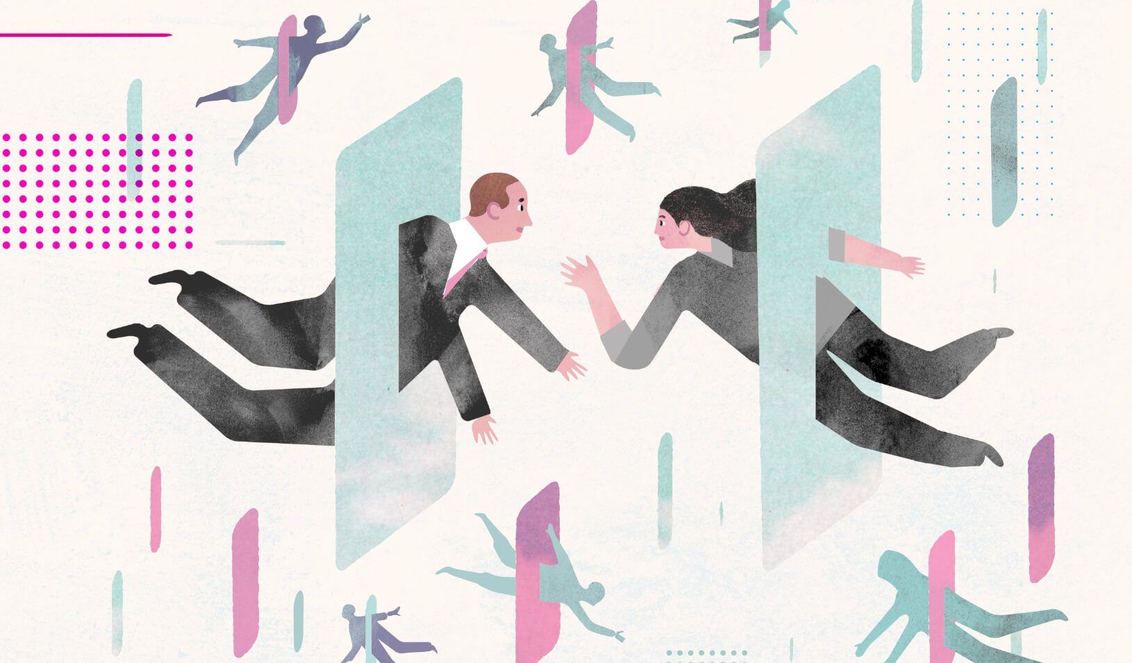 An Illustration of figures floating through the air, connecting through screens. Credit: Keith Negley